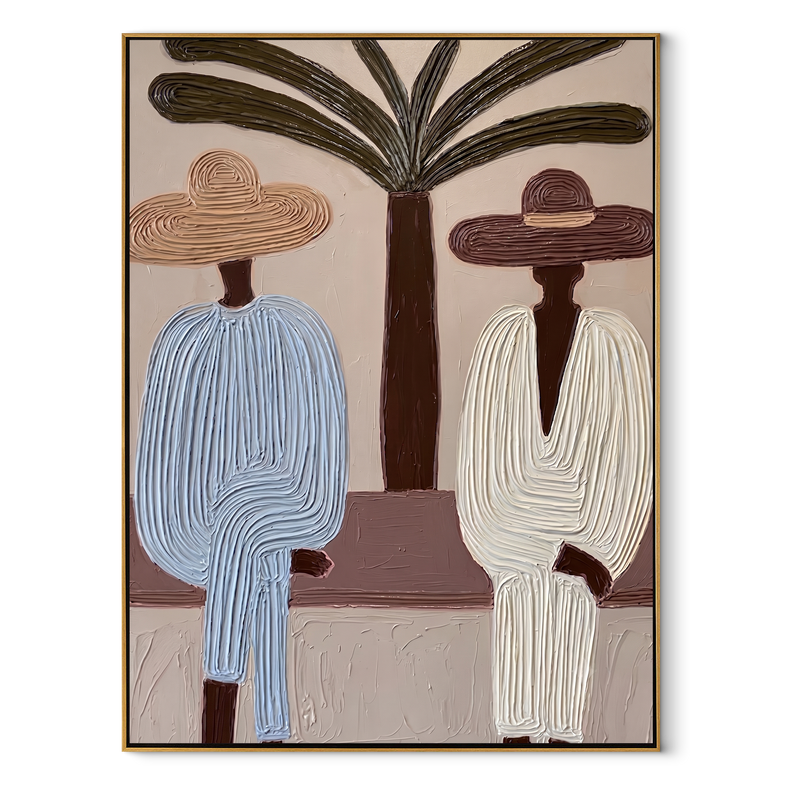 Palm Trunk Divides Pair – Two Resort Men in Broad Hats Painting | Modern Coastal Vertical Wall Art