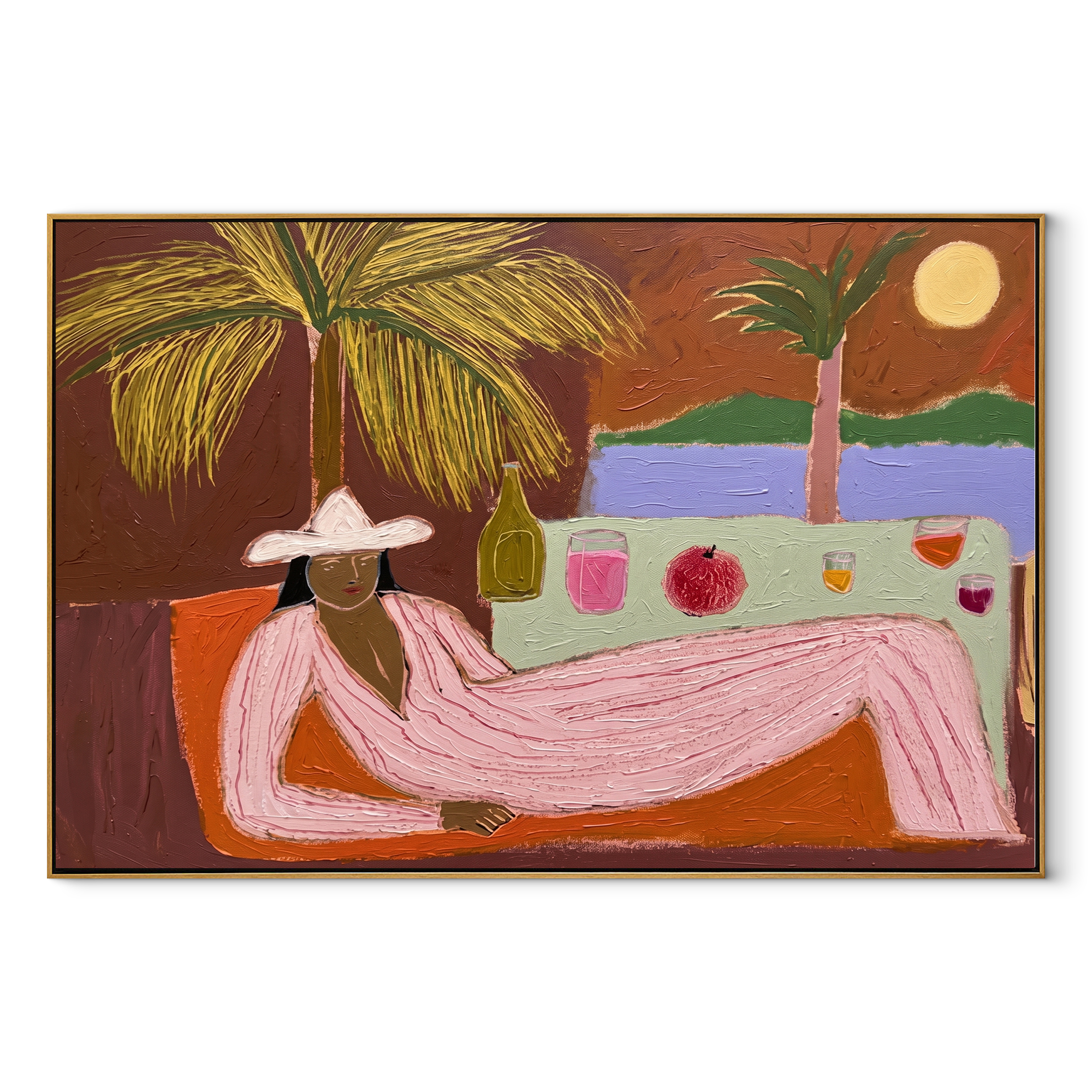 Pink Hours beyond Bar coastal figurative textured painting, horizontal canvas artwork