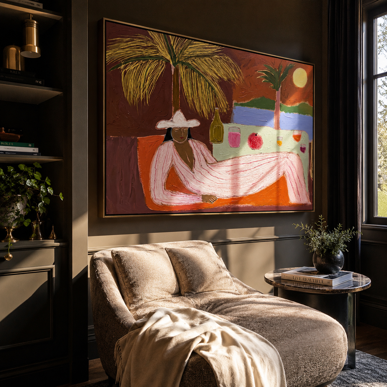 Pink Hours beyond Bar styled in a layered residential interior