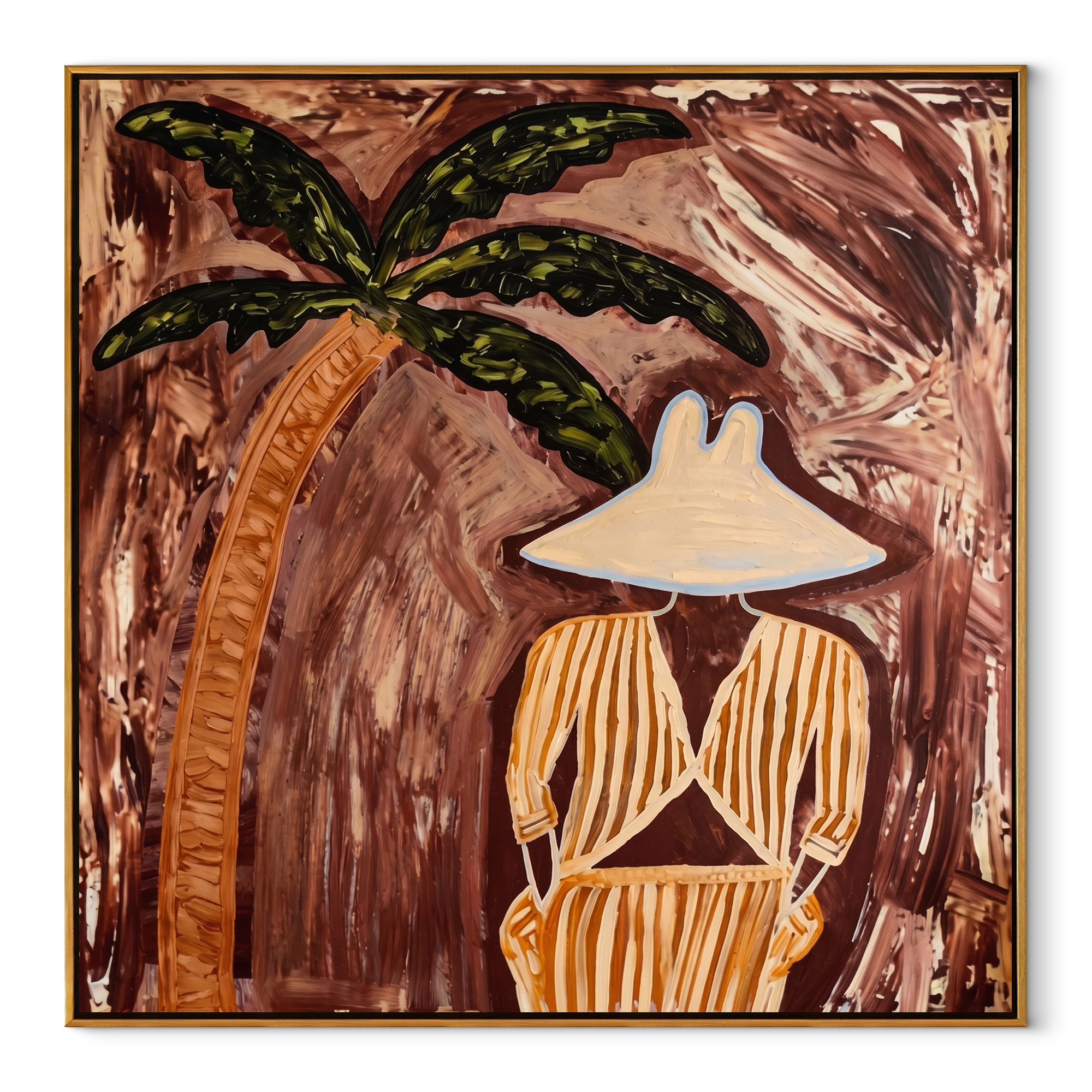 Ochre Stripes in Shade coastal figurative textured painting, square canvas artwork