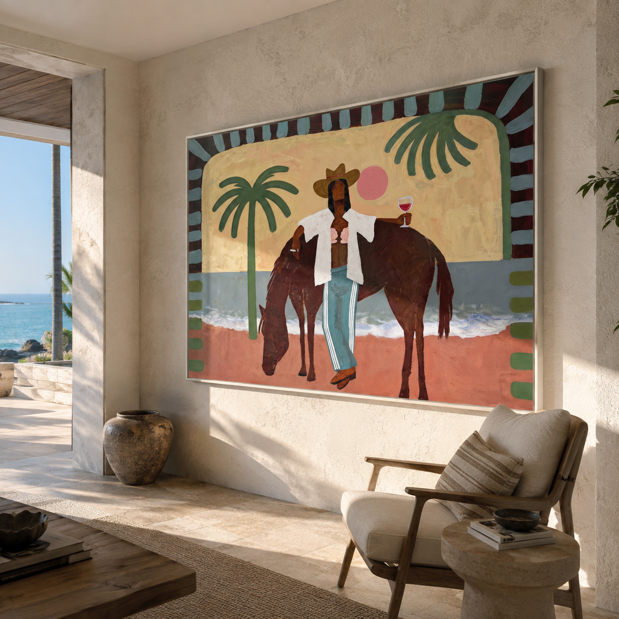 Pink Moon beside Horse displayed in a warm contemporary interior