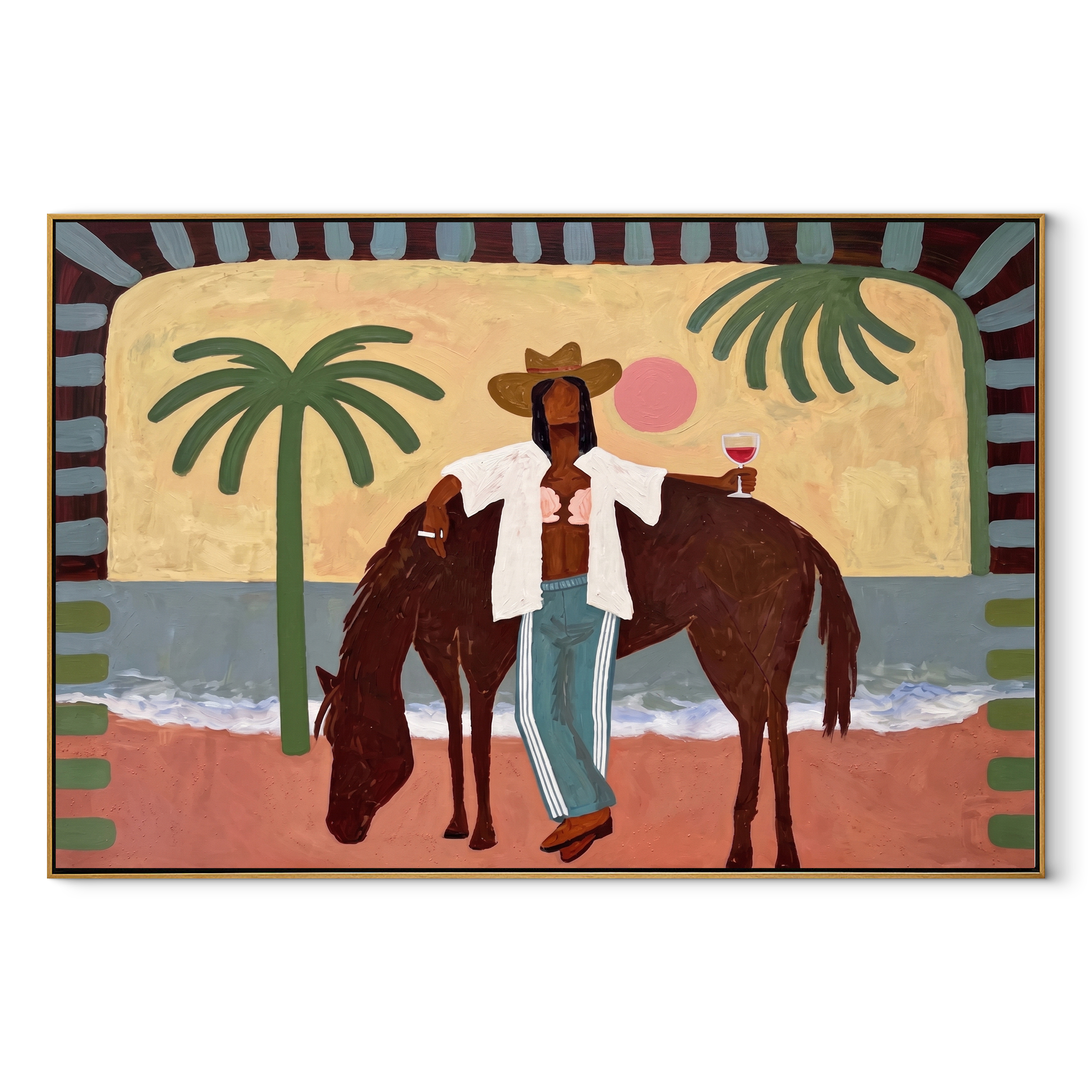 Pink Moon beside Horse coastal figurative textured painting, horizontal canvas artwork