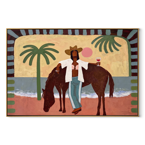 Pink Moon beside Horse – Cowgirl on the Coastal Path Painting | Modern Coastal Horizontal Wall Art