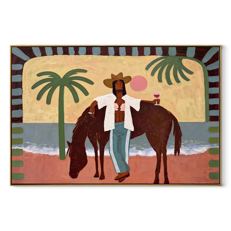 Pink Moon beside Horse – Cowgirl on the Coastal Path Painting | Modern Coastal Horizontal Wall Art