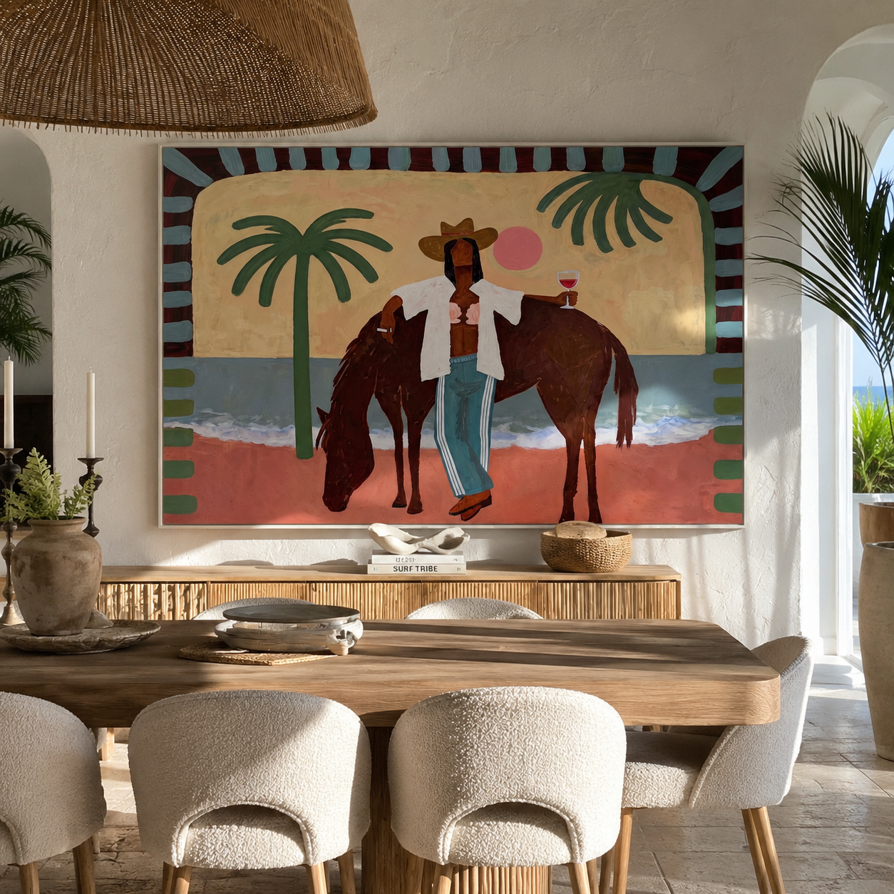 Pink Moon beside Horse presented above a contemporary console
