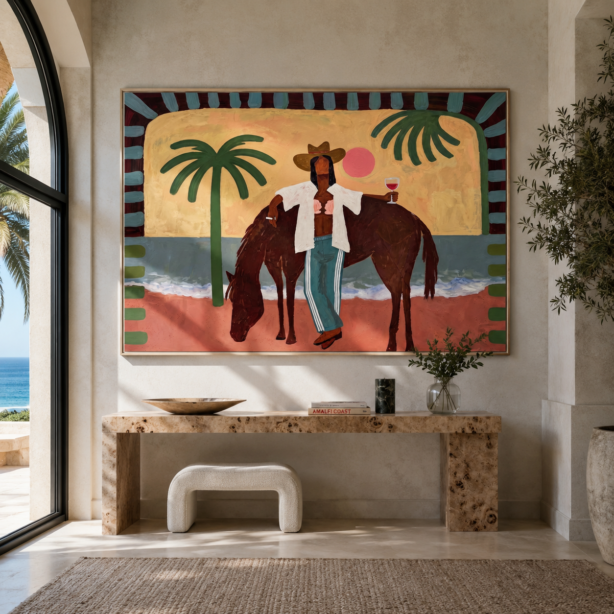 Pink Moon beside Horse styled in a layered residential interior