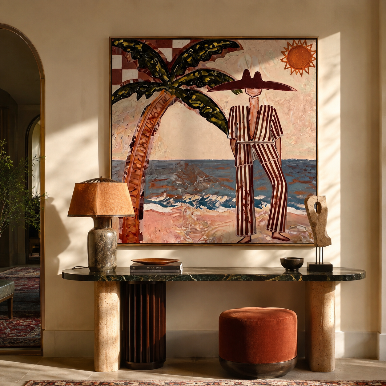 Striped Sun Faces Surf displayed in a warm contemporary interior