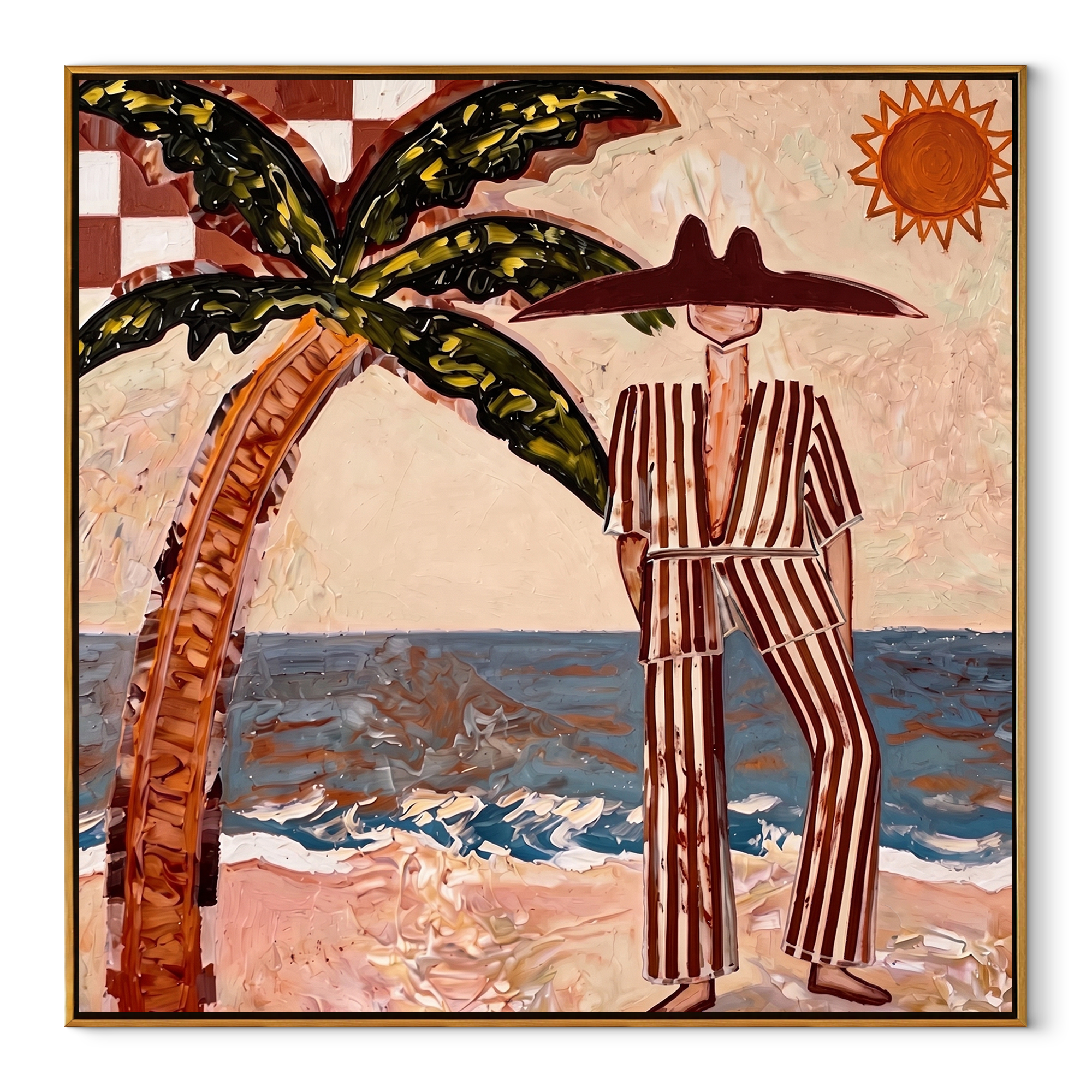 Striped Sun Faces Surf coastal figurative textured painting, square canvas artwork