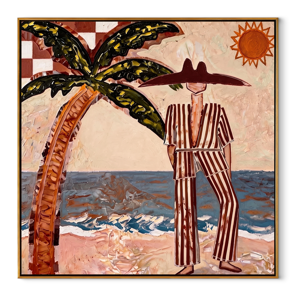 Striped Sun Faces Surf – Palm Beach Resort Man Painting | Modern Coastal Square Wall Art