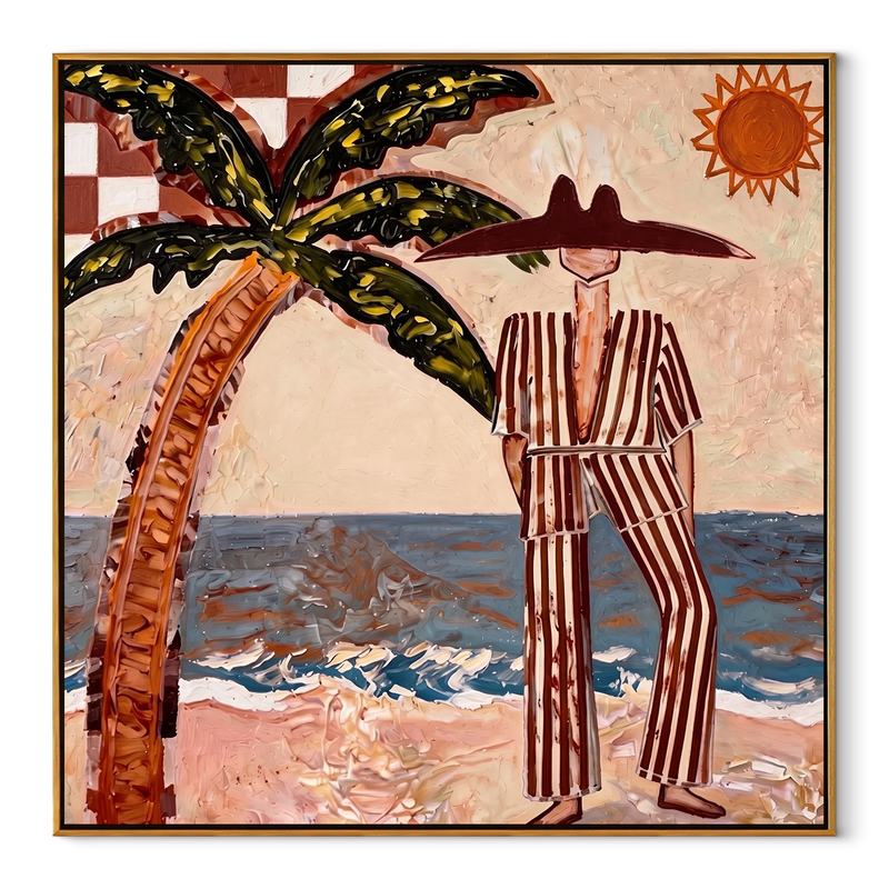 Striped Sun Faces Surf – Palm Beach Resort Man Painting | Modern Coastal Square Wall Art