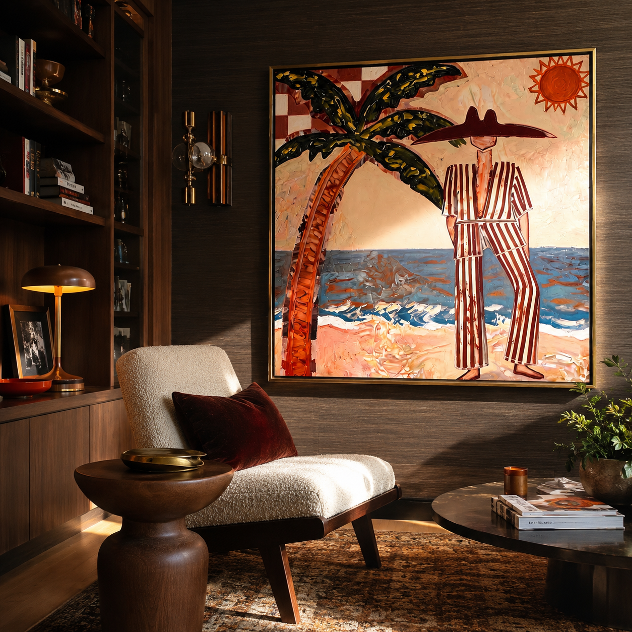 Striped Sun Faces Surf styled with neutral modern furnishings