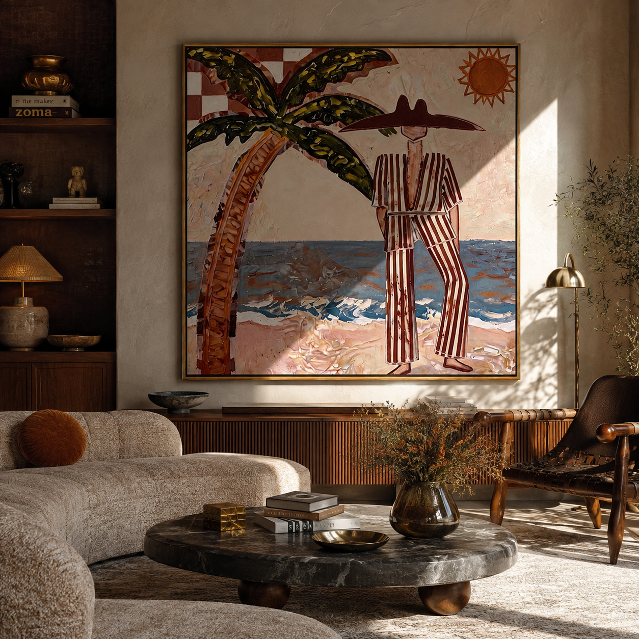 Striped Sun Faces Surf presented above a contemporary console