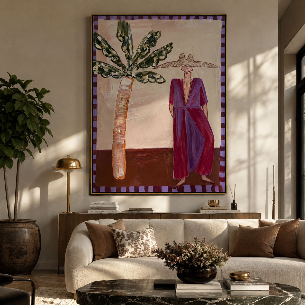 Violet Dress beneath Leaves styled with neutral modern furnishings