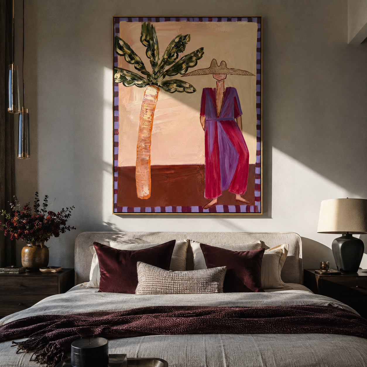 Violet Dress beneath Leaves styled in a layered residential interior