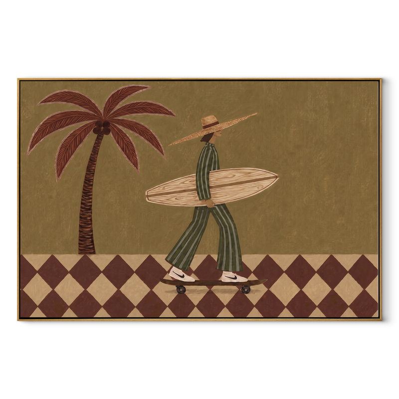 Checkerboard Wheels Chase Tide – Skating Surfer with Palm Painting | Modern Coastal Horizontal Wall Art