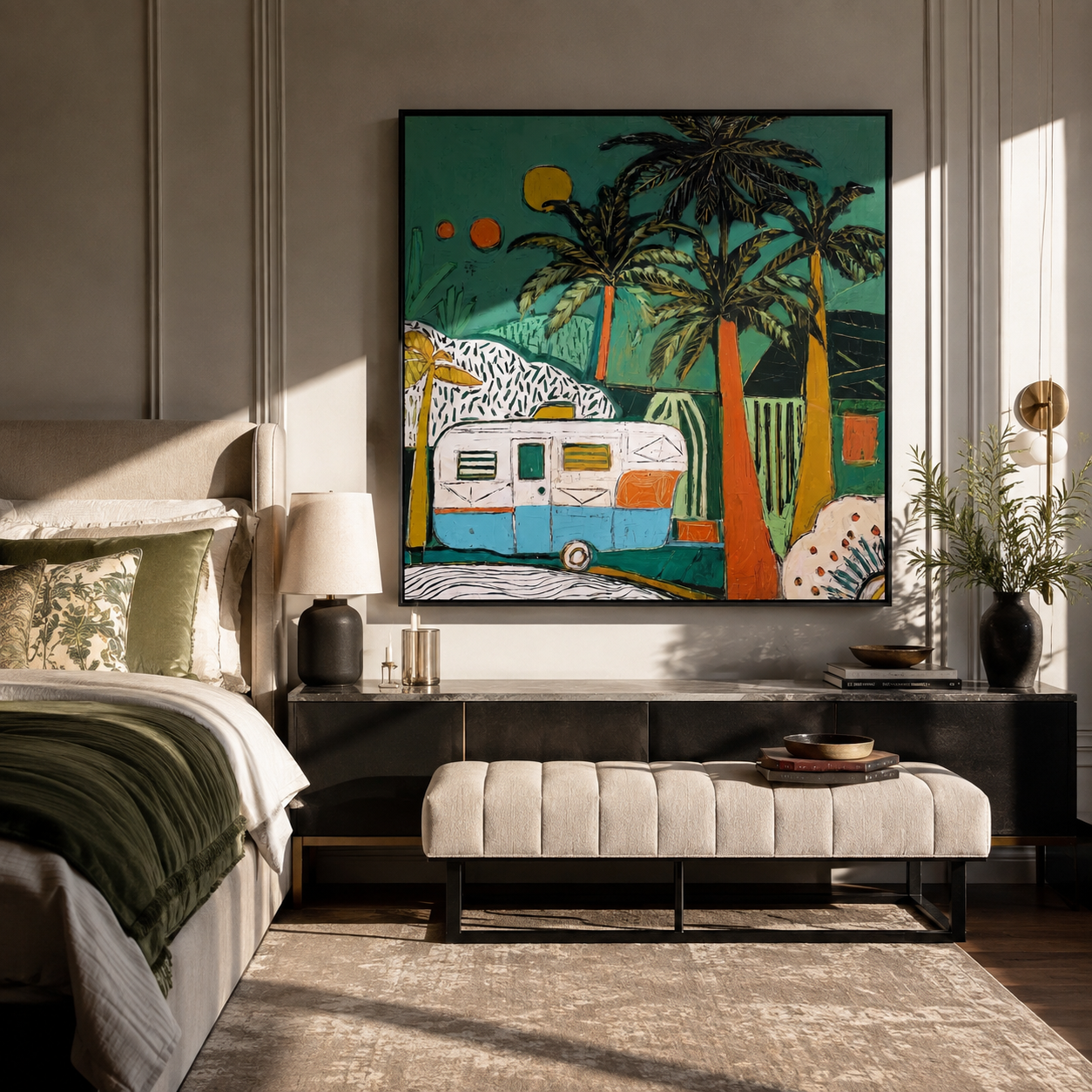 Turquoise Night Holds Caravan displayed in a warm contemporary interior