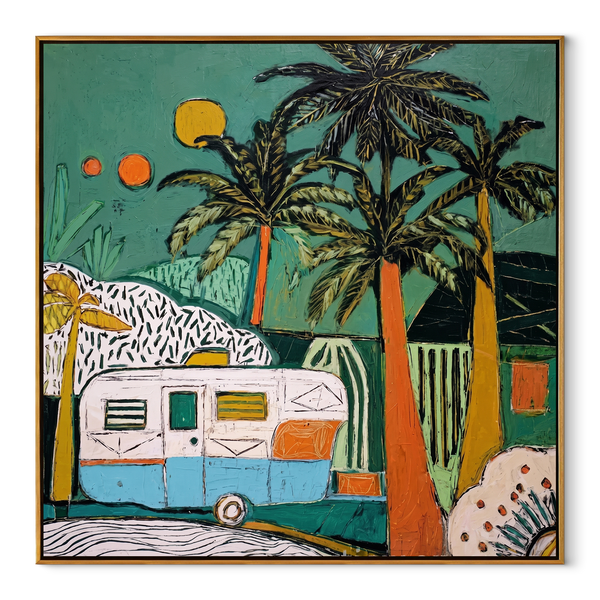 Turquoise Night Holds Caravan – Tropical Camper under Palms Painting | Modern Coastal Square Wall Art