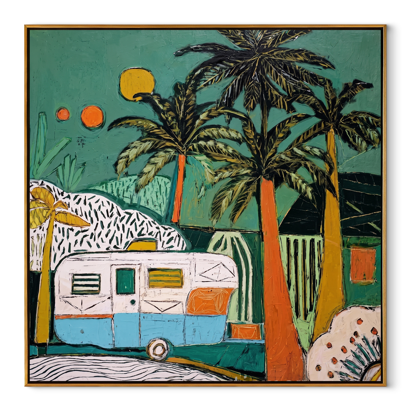 Turquoise Night Holds Caravan – Tropical Camper under Palms Painting | Modern Coastal Square Wall Art