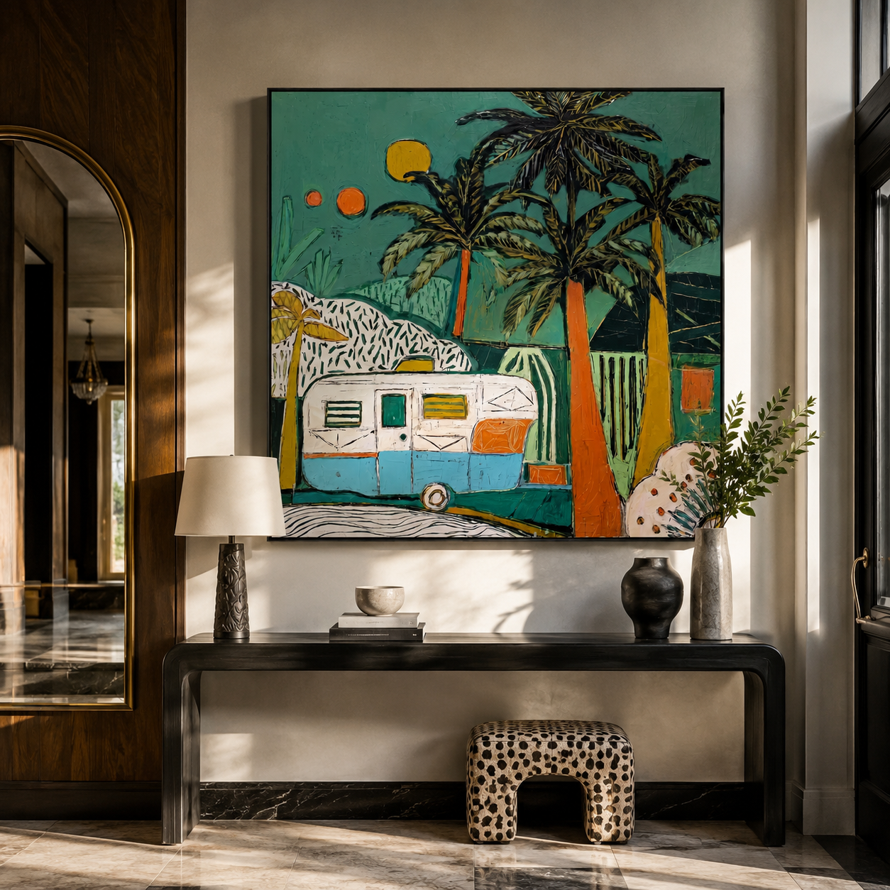 Turquoise Night Holds Caravan styled with neutral modern furnishings