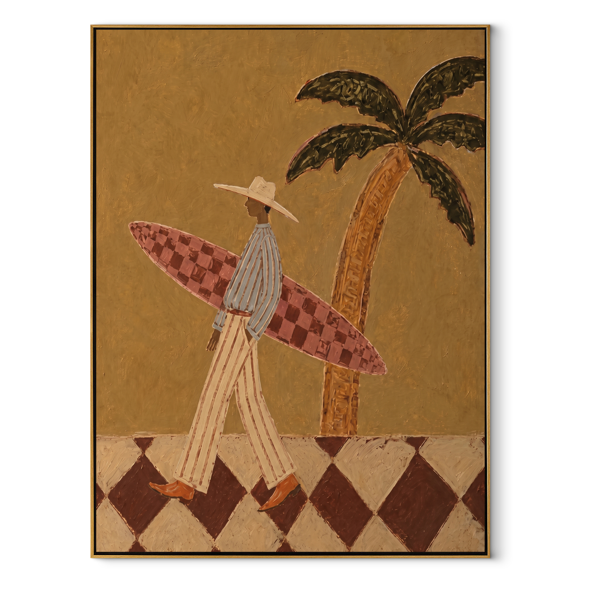 Checkered Board Crosses Sand coastal figurative textured painting, vertical canvas artwork