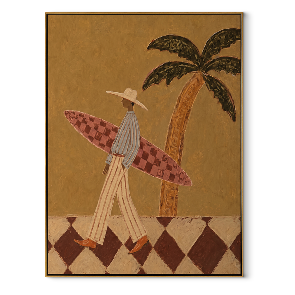 Checkered Board Crosses Sand – Tall Surfer beneath Palm Painting | Modern Coastal Vertical Wall Art