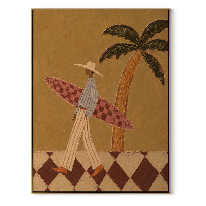 Checkered Board Crosses Sand – Tall Surfer beneath Palm Painting | Modern Coastal Vertical Wall Art