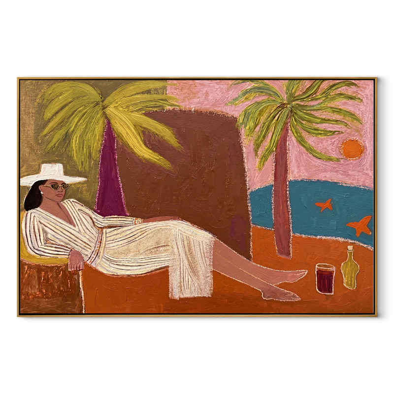 White Linen by Bay – Coastal Lounge Woman at Sunset Painting | Modern Coastal Horizontal Wall Art