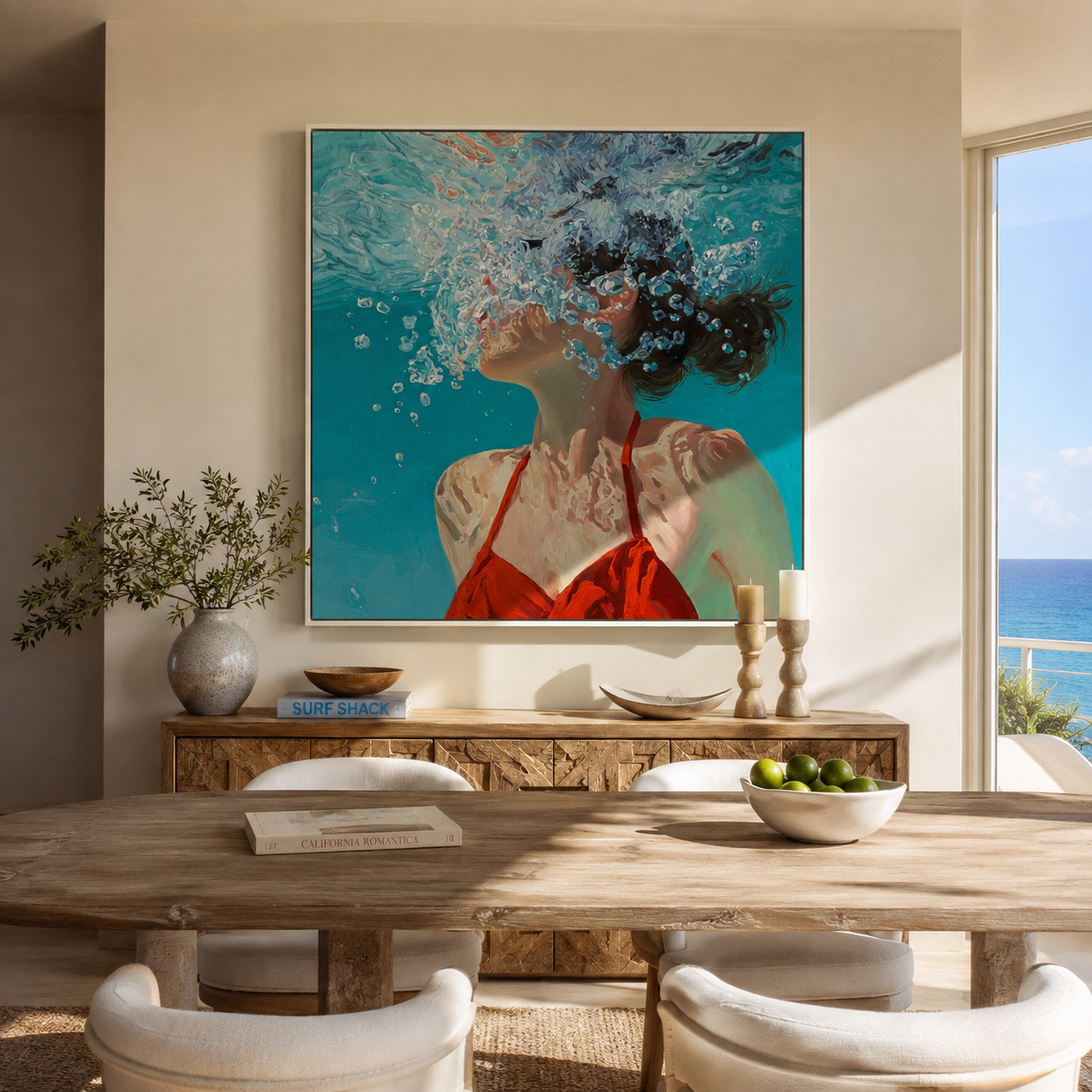 Bubbles Rise through Light displayed in a warm contemporary interior