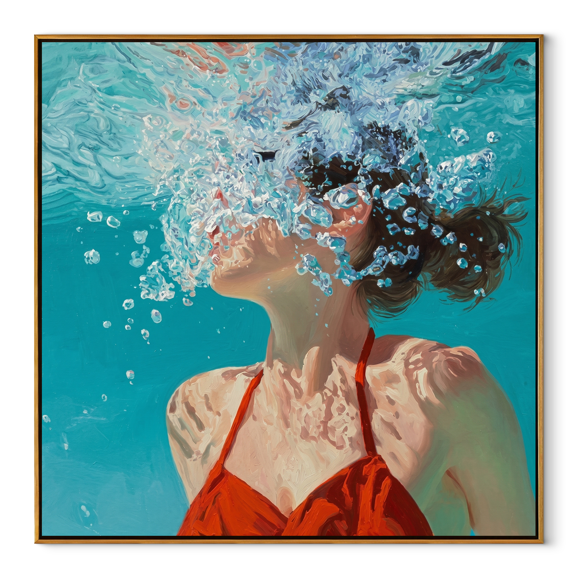 Bubbles Rise through Light coastal figurative textured painting, square canvas artwork