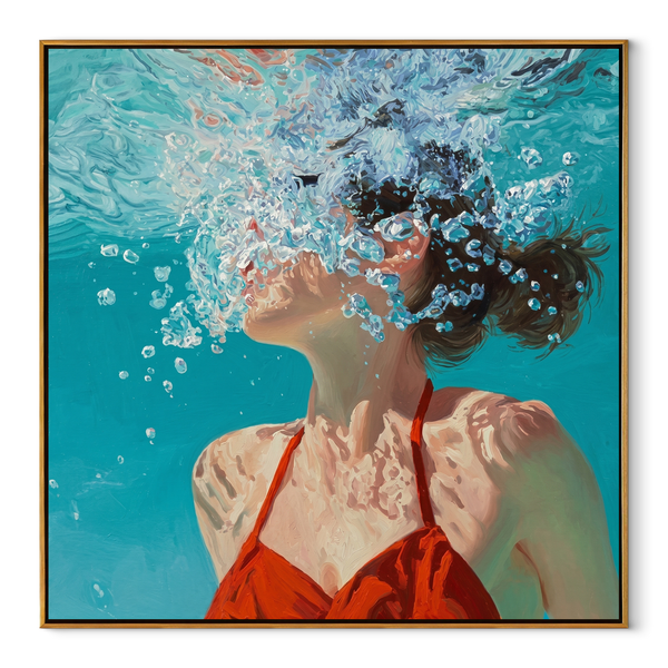 Bubbles Rise through Light – Underwater Woman in Red Painting | Modern Coastal Square Wall Art