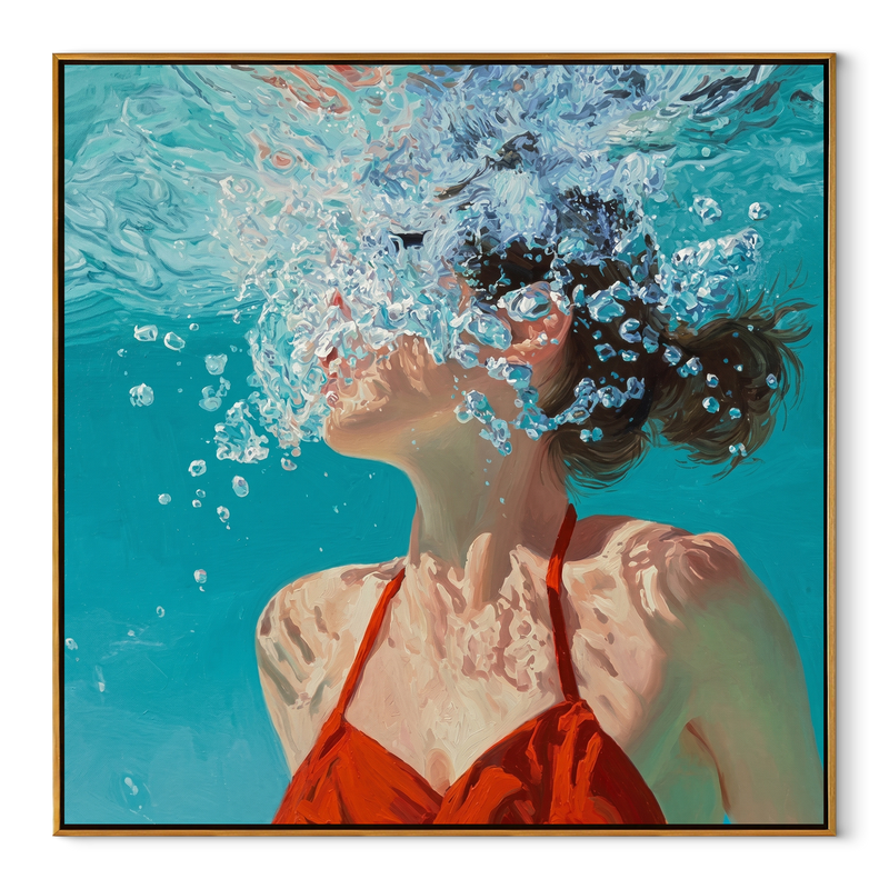 Bubbles Rise through Light – Underwater Woman in Red Painting | Modern Coastal Square Wall Art
