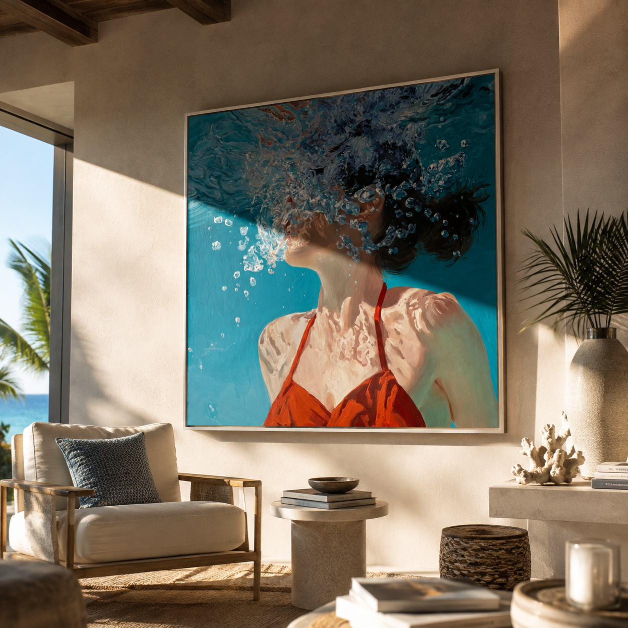 Bubbles Rise through Light presented above a contemporary console