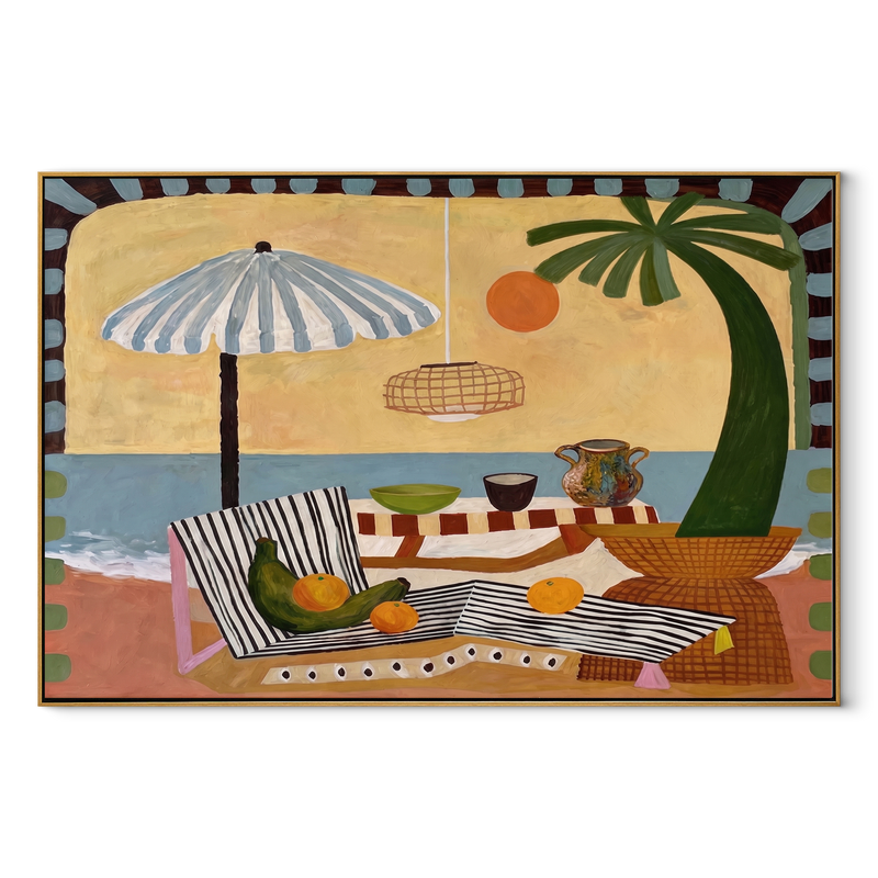 Striped Shade Covers Picnic – Coastal Table beneath Umbrella Painting | Modern Coastal Horizontal Wall Art