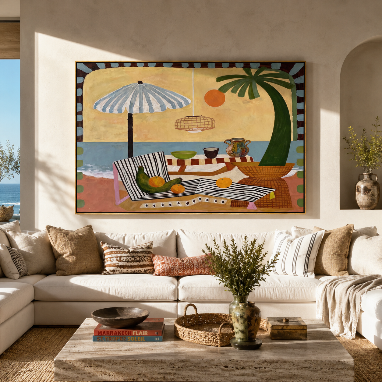 Striped Shade Covers Picnic styled with neutral modern furnishings