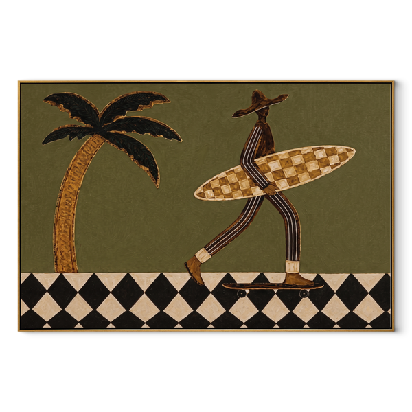 Surfer Wheels toward Tide – Skating Surfer on Checkered Walk Painting | Modern Coastal Horizontal Wall Art