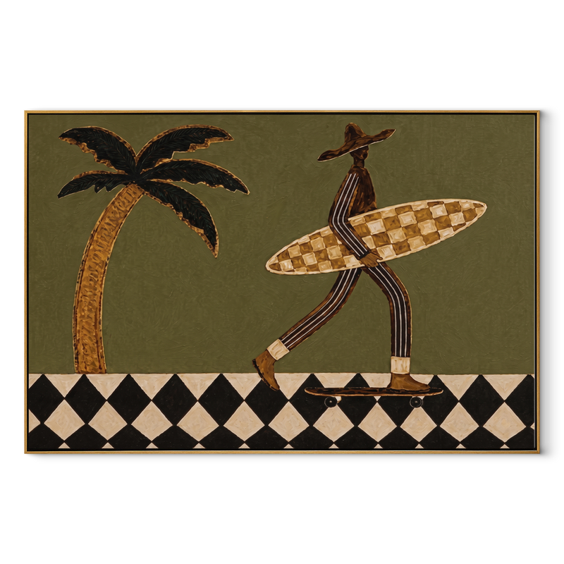 Surfer Wheels toward Tide – Skating Surfer on Checkered Walk Painting | Modern Coastal Horizontal Wall Art