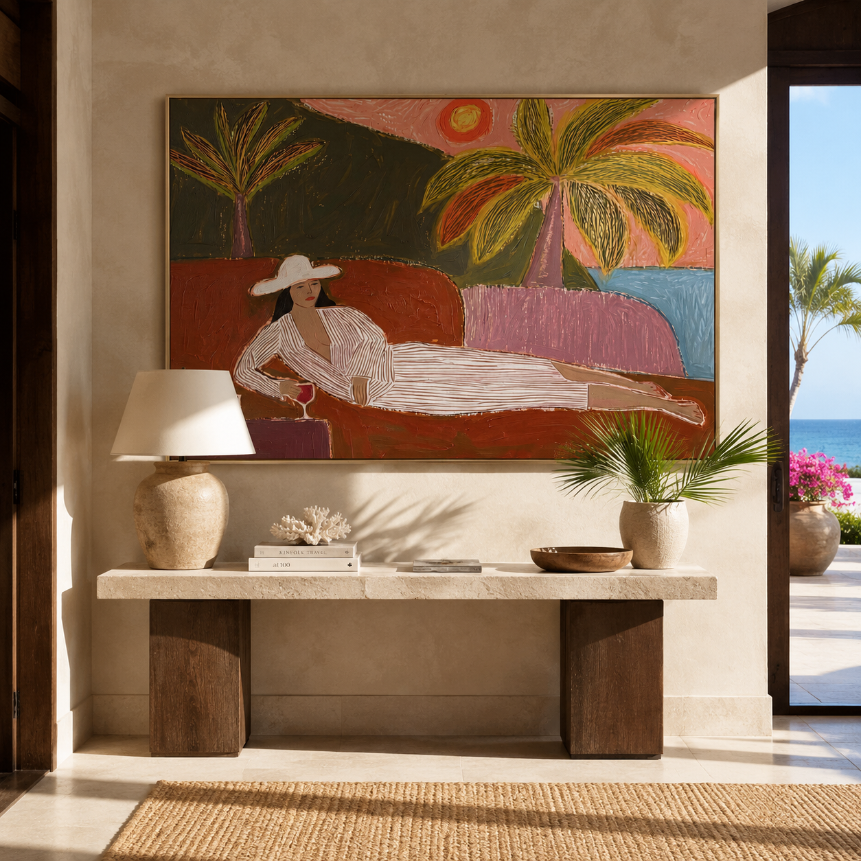Coral Sunset Lengthens Lounge displayed in a warm contemporary interior