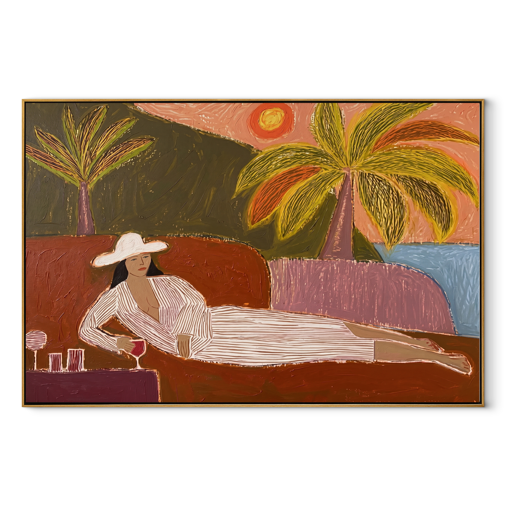 Coral Sunset Lengthens Lounge coastal figurative textured painting, horizontal canvas artwork