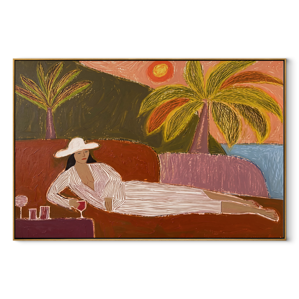 Coral Sunset Lengthens Lounge – Reclining Woman beneath Palms Painting | Modern Coastal Horizontal Wall Art