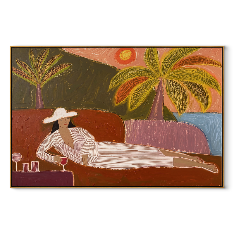 Coral Sunset Lengthens Lounge – Reclining Woman beneath Palms Painting | Modern Coastal Horizontal Wall Art