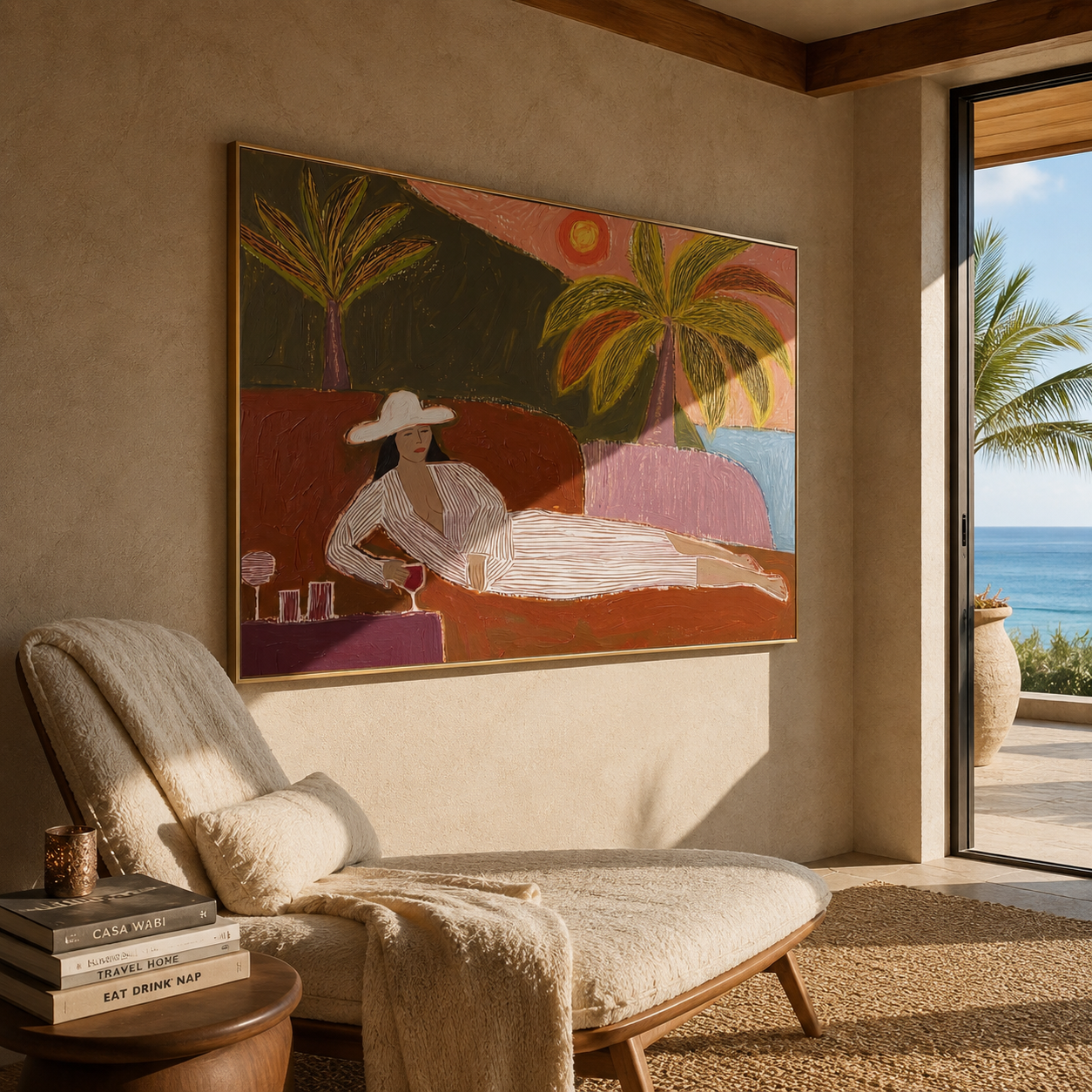 Coral Sunset Lengthens Lounge styled with neutral modern furnishings