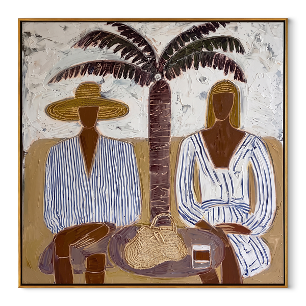 Twin Brims beneath Palm – Two Striped Resort Figures Painting | Modern Coastal Square Wall Art