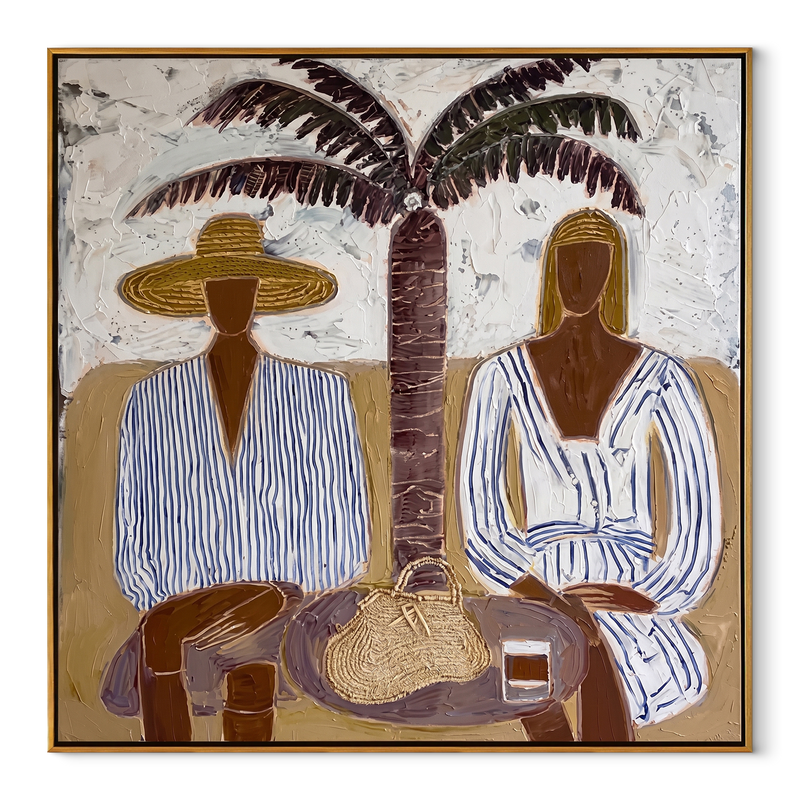 Twin Brims beneath Palm – Two Striped Resort Figures Painting | Modern Coastal Square Wall Art