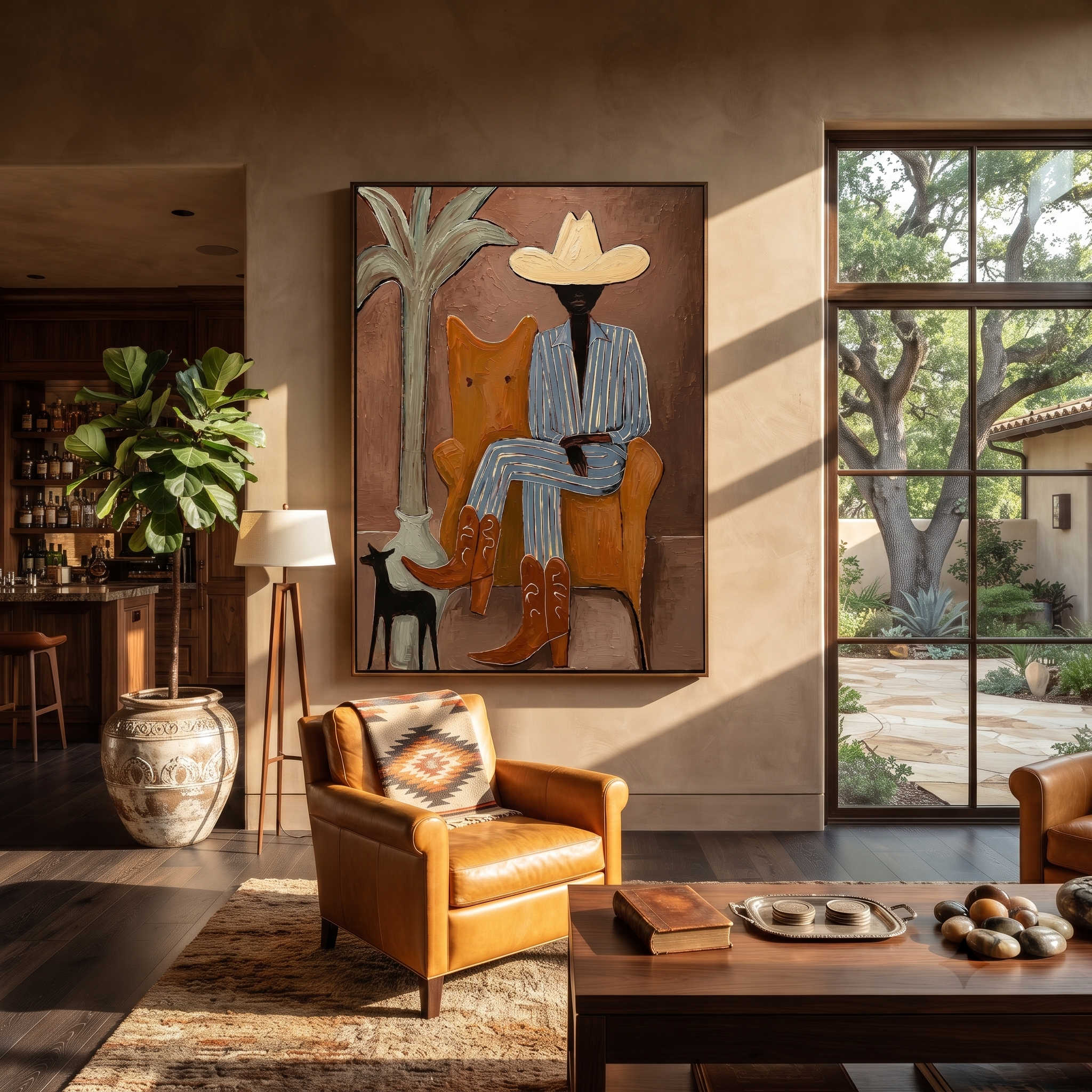 Striped Cowboy Keeps Watch displayed in a warm contemporary interior