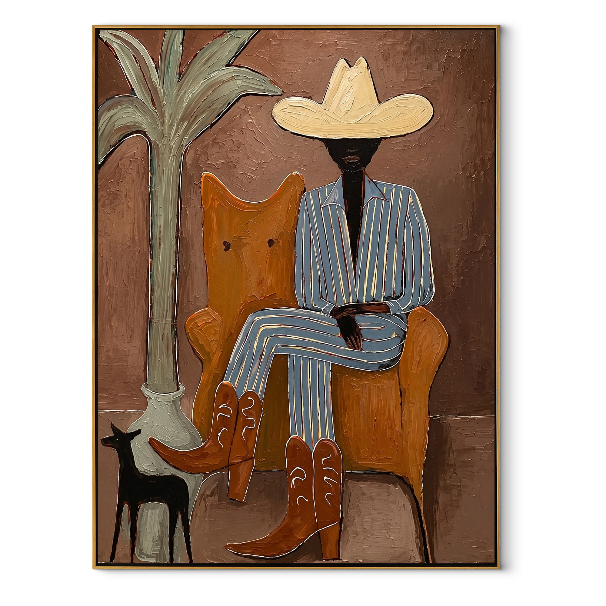 Striped Cowboy Keeps Watch coastal figurative textured painting, vertical canvas artwork