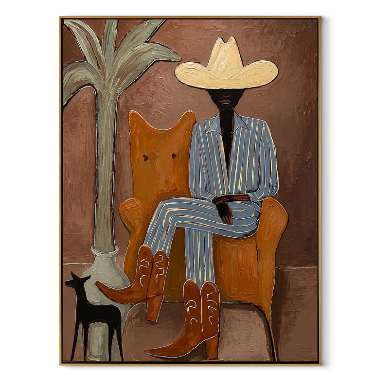 Striped Cowboy Keeps Watch – Striped Cowboy with Dog Painting | Modern Coastal Vertical Wall Art