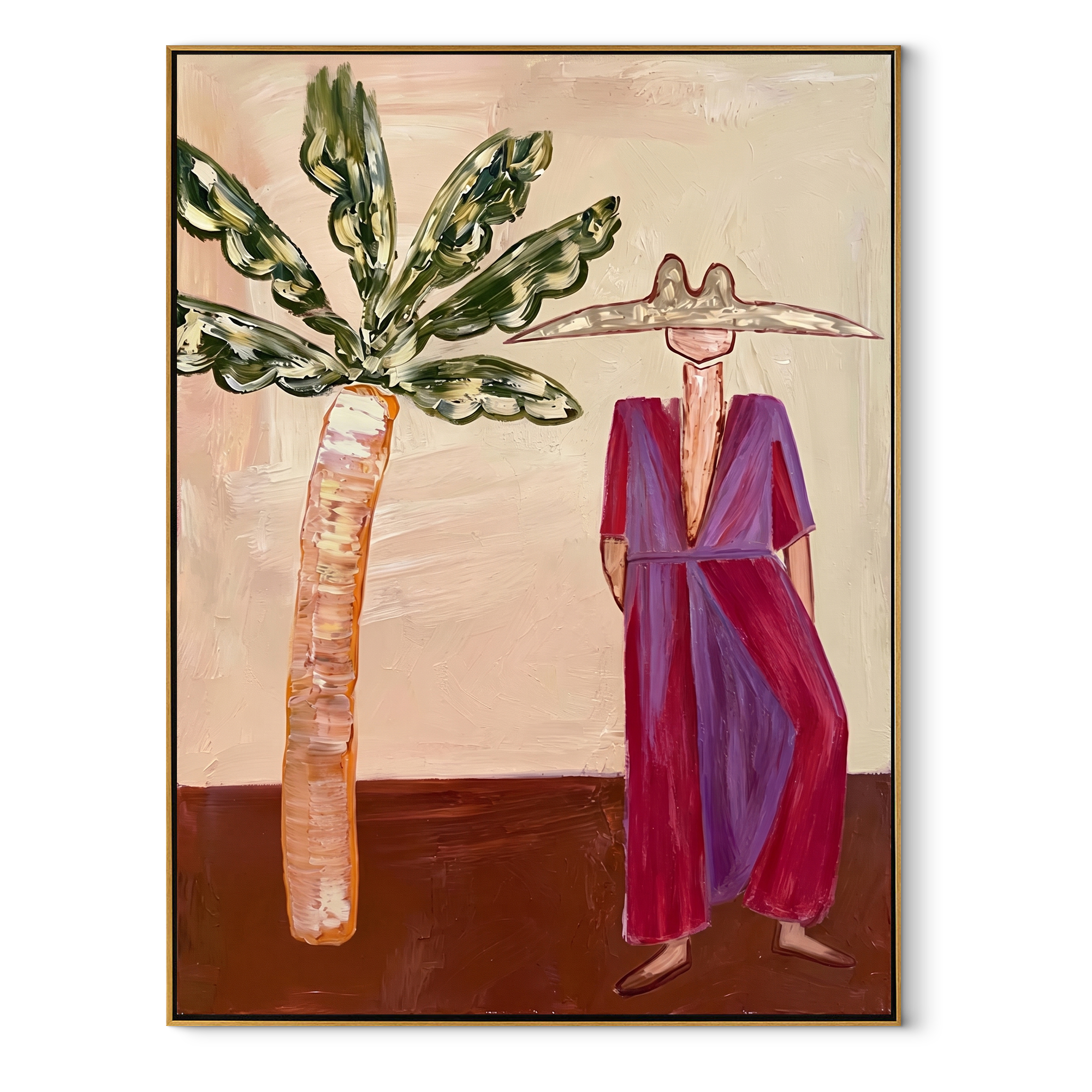 Magenta Brim Greets Palms coastal figurative textured painting, vertical canvas artwork