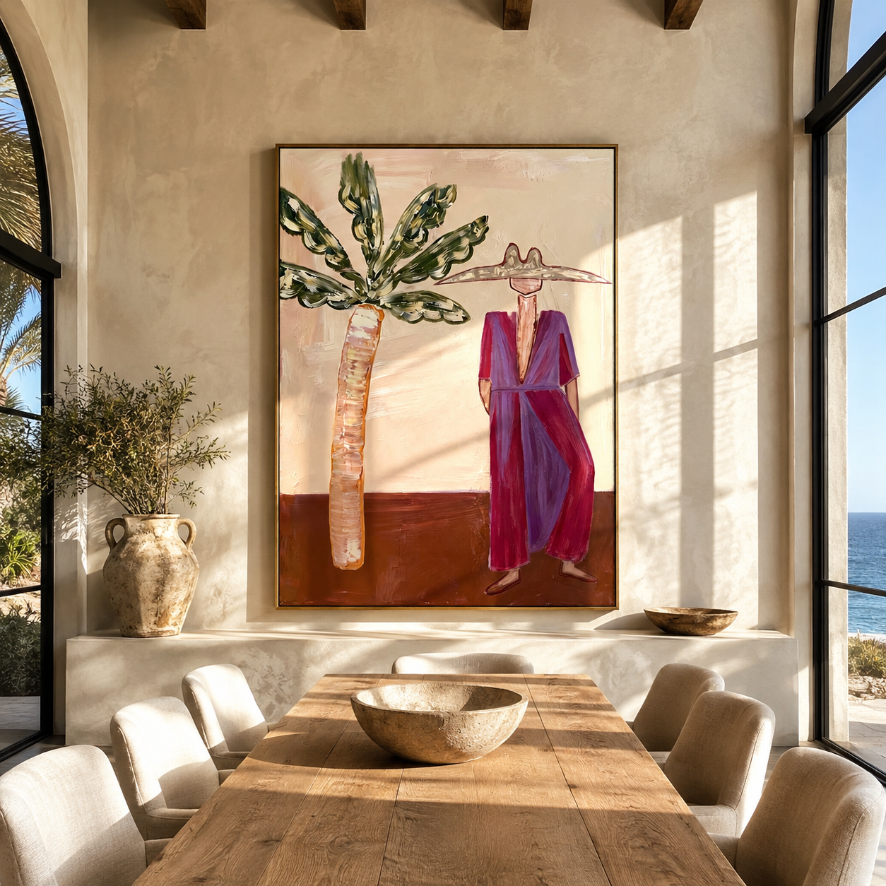 Magenta Brim Greets Palms presented above a contemporary console
