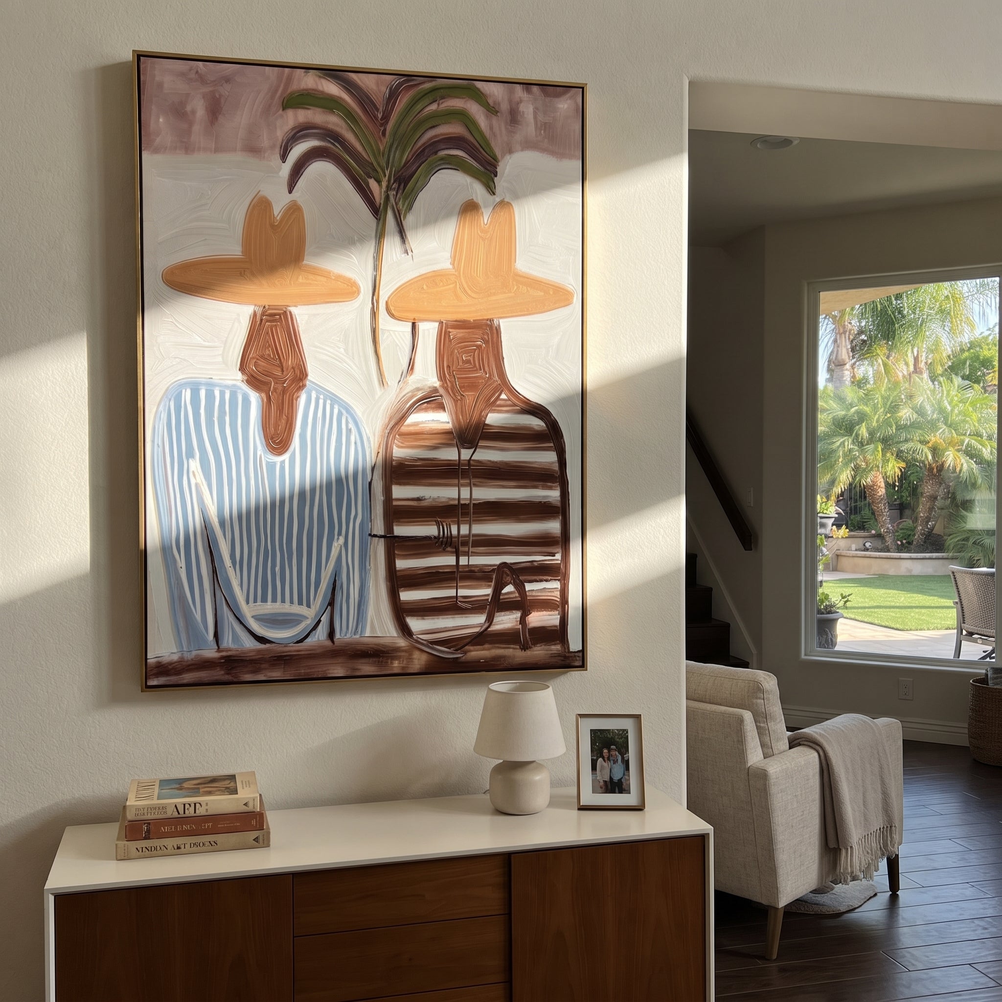 Twin Stripes Meet Palms displayed in a warm contemporary interior