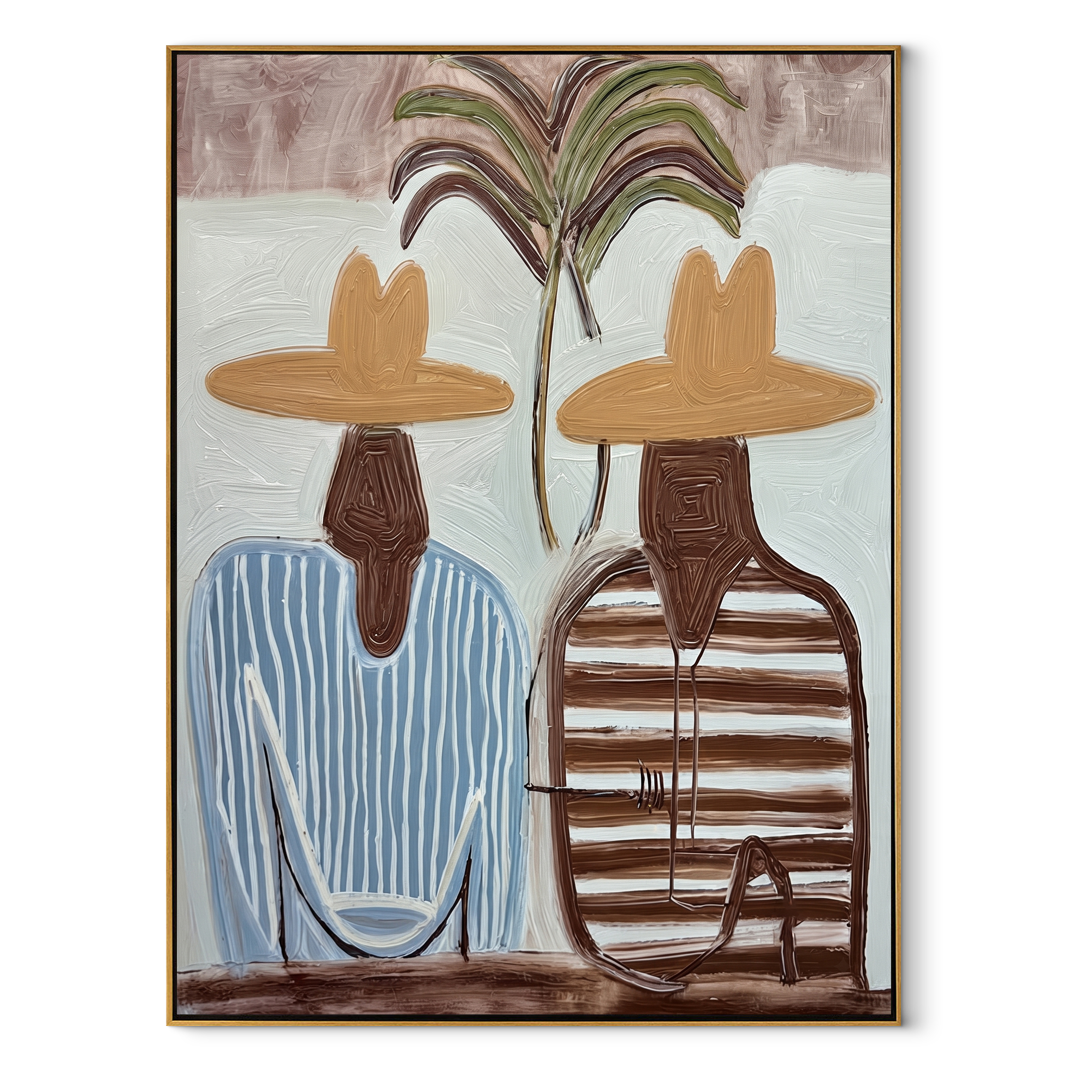 Twin Stripes Meet Palms coastal figurative textured painting, vertical canvas artwork